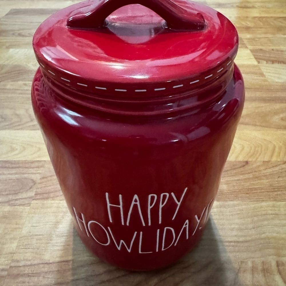 Rae Dunn Magenta Happy Howlidays Holidays Red Christmas Dog Treat Canister